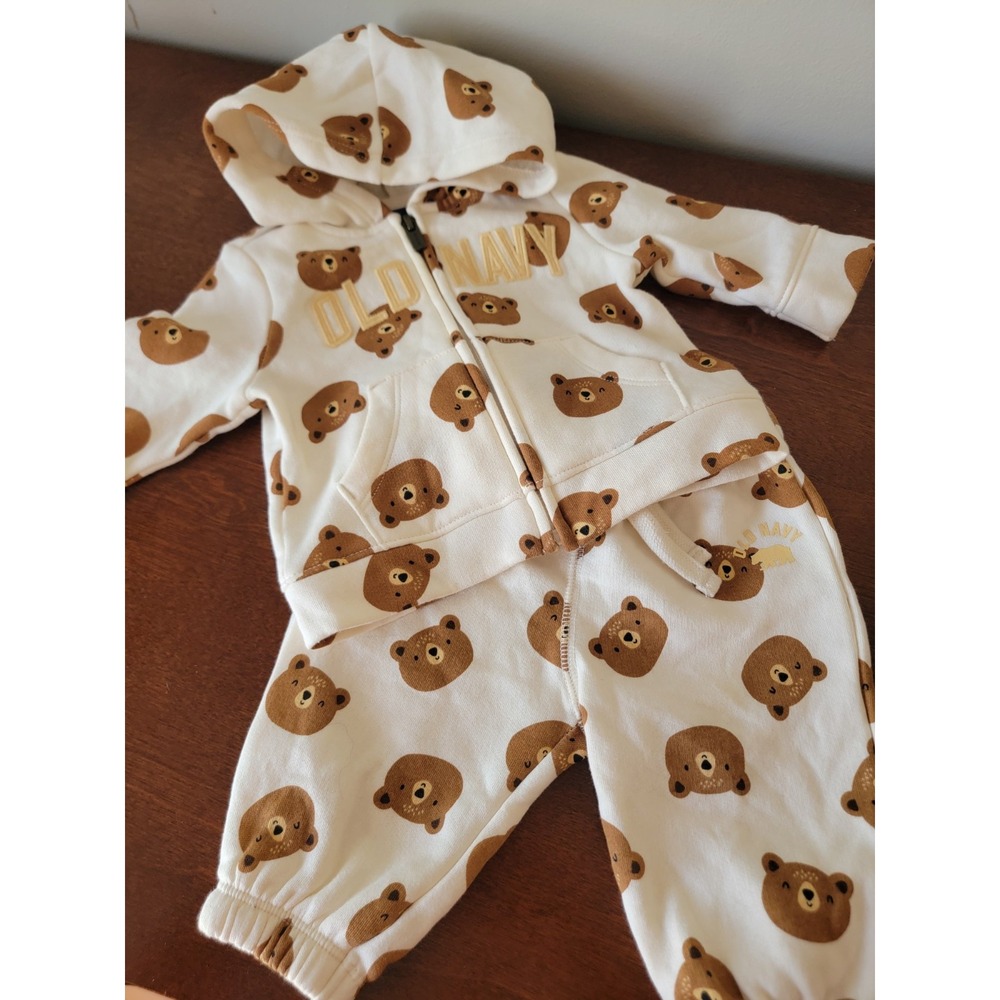 Old Navy 0-3 MTH Sweatsuit Bear Hooded Jacket Pant Outfit Boy Girl Brown Cream